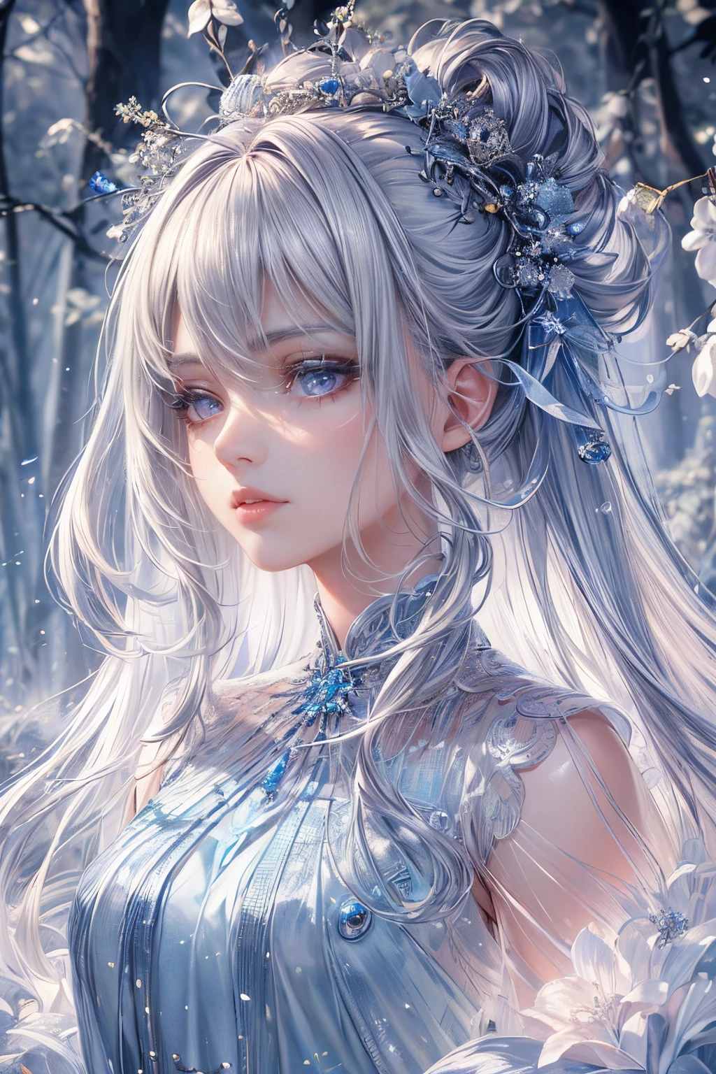 (best quality:1.4),(masterpiece:1.4),ultra-high resolution,8K,CG,exquisite,upper body,lonely,thumb girl,little princess,blue taffeta court dress,forest background,detailed facial features,silver-gray hair,almond-shaped eyes,elaborate eye makeup,long eyelashes,gray eyes with a starry gaze,complex lip details,soft and harmonious style