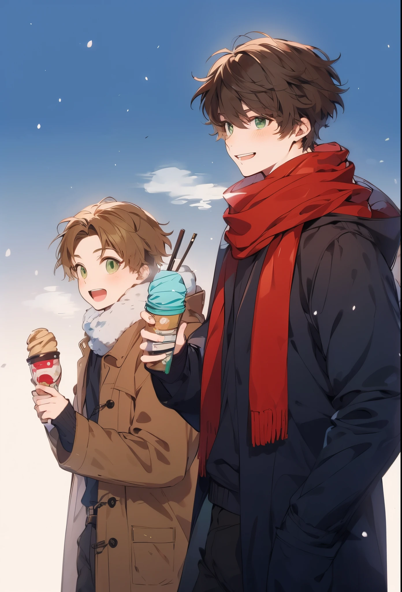 25 years old, Handsome, 2male, manly, High quality, amount of drawing, pixiv illustration, Beautiful young man, Brown hair, Short hair, Green eyes, buy creamle, Winters, Sunny, White breath, Side view composition, red scarf, Dark brown coat, Black pants, Smiling,