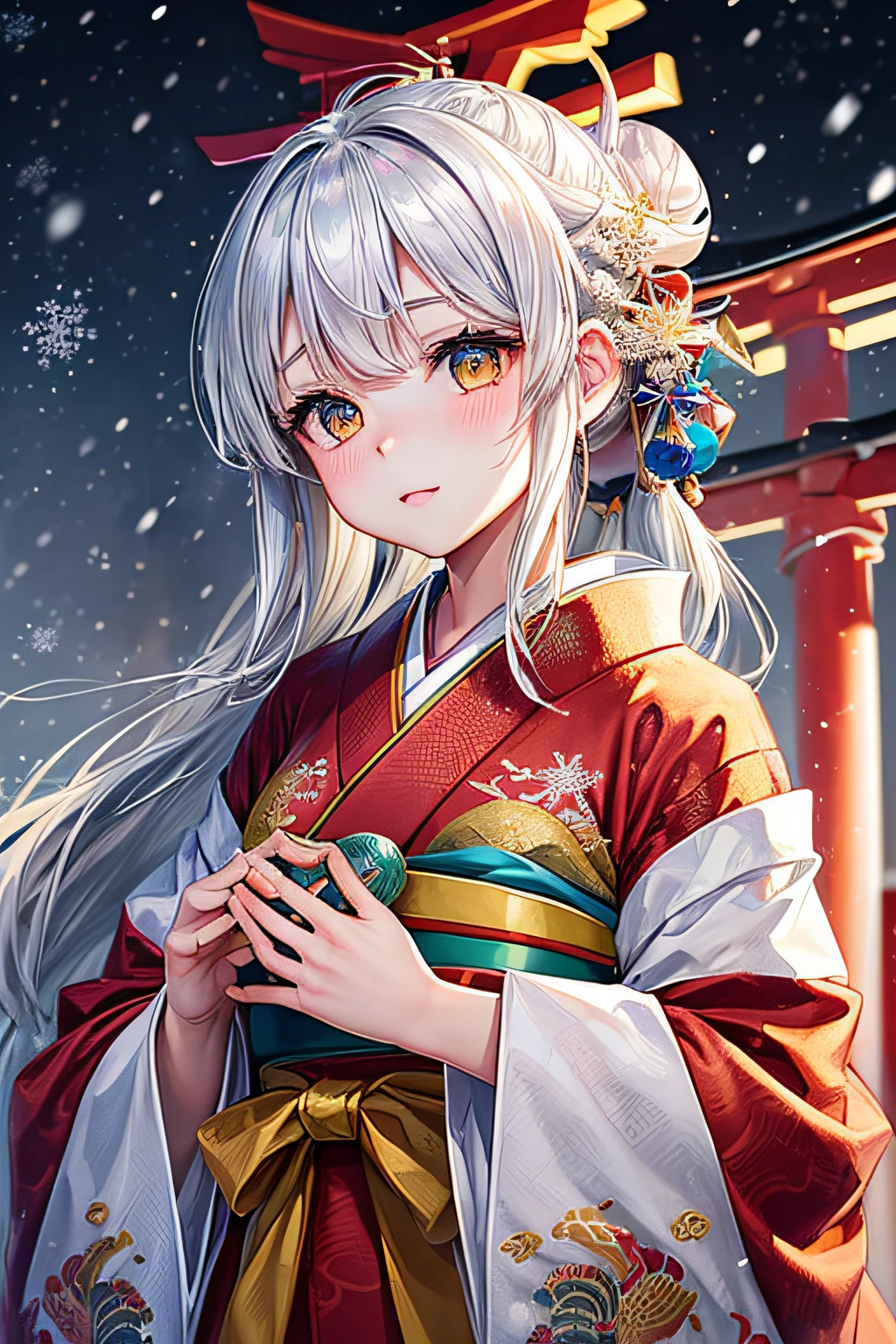 ((worst quality, low-quality)), ((girl with)), Solo, (a closeup:1.3), (facefocus,:1.4), ((half updo, Silver hair)), clear eyes and plump, Glossy lips, Gold eyes):1.2), Spoken Heart, (perfect hand:1.3), (traditional Japanese clothing:1.2), (wearing a kimono with a dragon pattern, Dragon embroidery, Dragon pattern:1.3), embarrassed, Standing, Looking at Viewer, Head tilt, (Snowflake, Falling snow:1.4), (( Japanese torii gate background)), high-angle shot, masutepiece, Best Quality, ultra-detailliert,