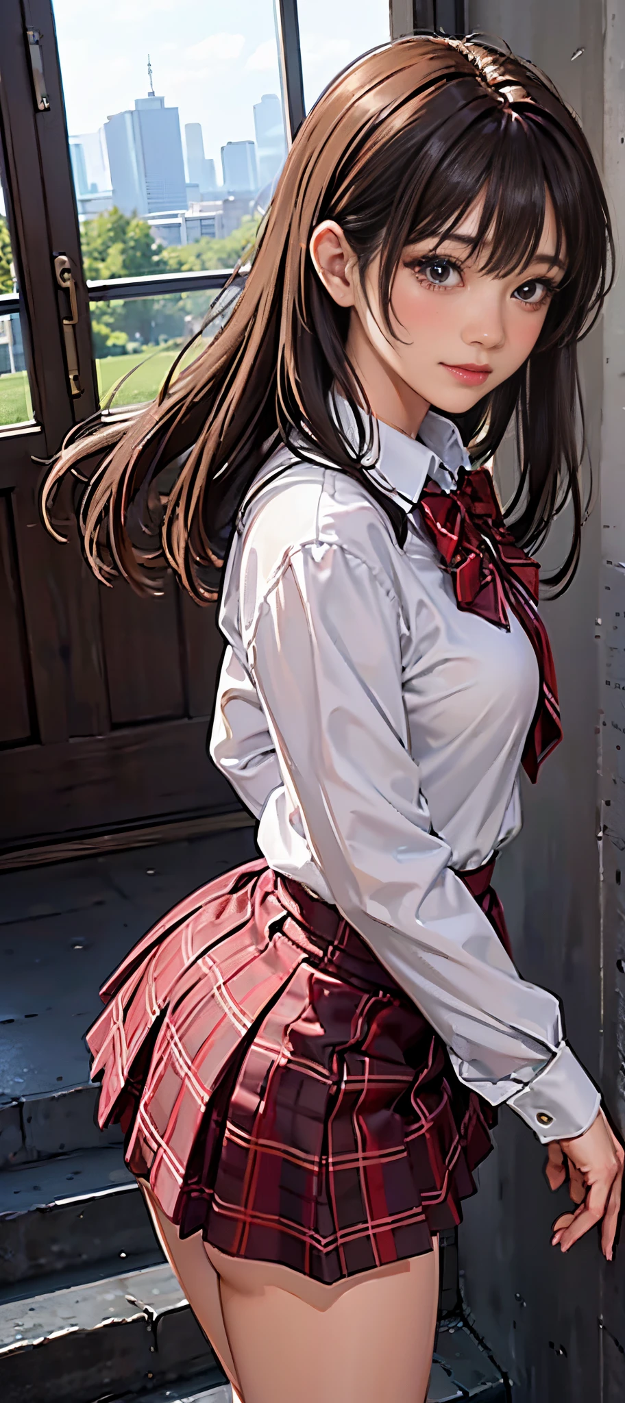 ((masutepiece, Best Quality, hight resolution, nffsw, Perfect Pixel, 4K, nffsw, nffsw))), 1girl in, Single, Solo, Beautie、full body seen、 ((Middle Wave Hair, Bangs, Brown hair)), ((Brown-eyed, Beautiful eyelashes, Realistic eyes)), ((Detailed face, Blushing:1.2)), ((Smooth texture:0.75, Realistic texture:0.65, Photorealistic:1.1, Anime CG style)), medium breasts, Dynamic Angle, Perfect body, ((red bowtie, School uniform, , White shirt, Black skirt, plaid skirts)), City staircase、Looking up from the bottom of the stairs、Very embarrassing panic smile, turned around、bending forward、(The wind flipped my skirt and exposed my butt.................、Touching the buttocks with both hands、Pink lace panties)、