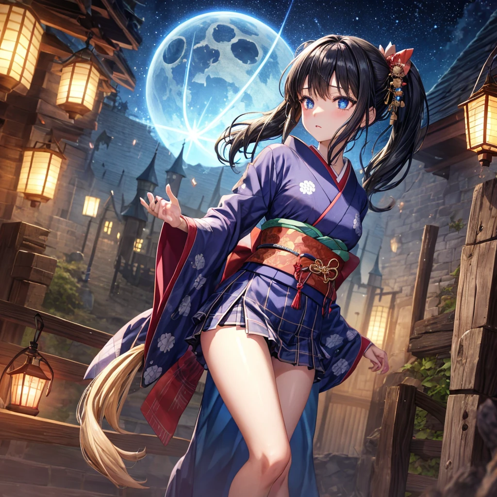 Blue-black hair、poneyTail、blue eyess、one good looking girl、独奏、animesque、Plaid miniskirt、wetting hair、kimono、rotting wood、crescent、monster castle、lantern、Meteor swarm、gunpowder、starrysky