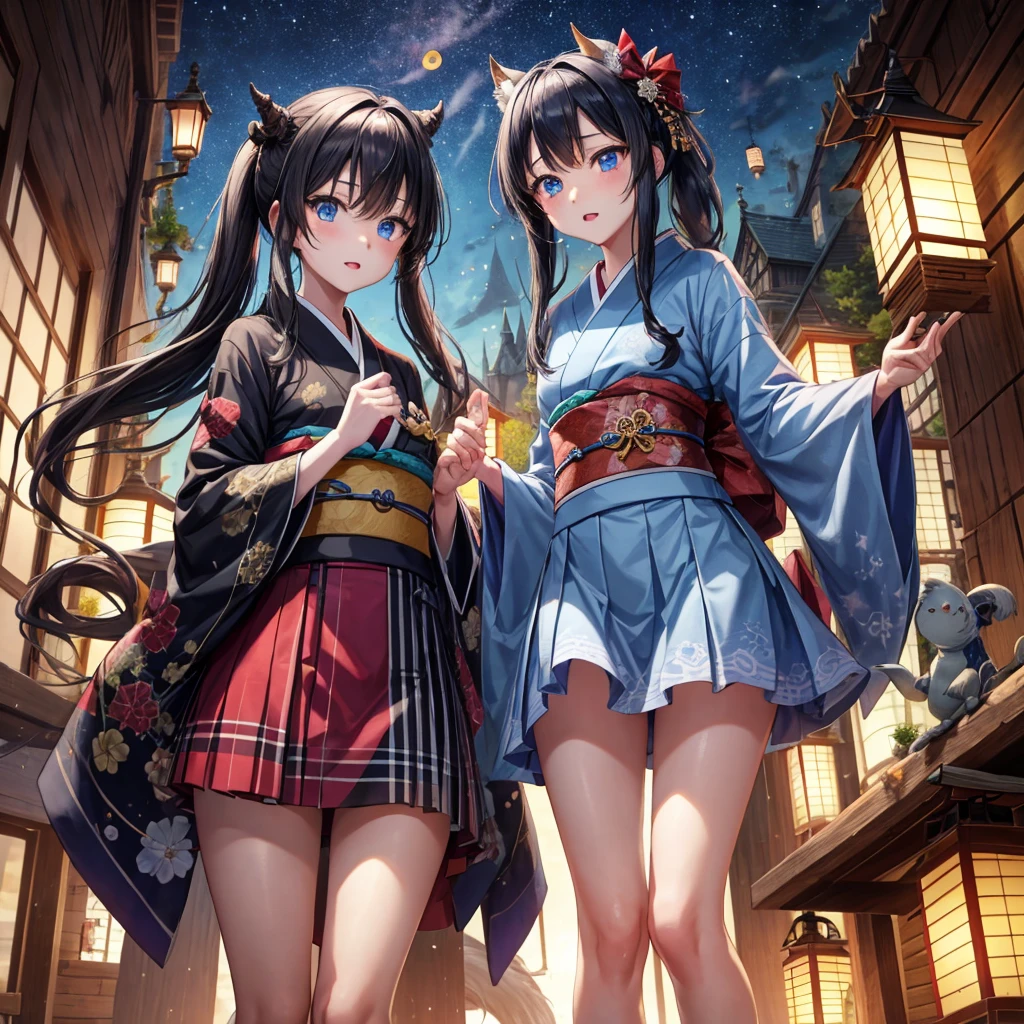 Blue-black hair、poneyTail、blue eyess、one good looking girl、独奏、animesque、Plaid miniskirt、wetting hair、kimono、rotting wood、crescent、monster castle、lantern、Meteor swarm、gunpowder、starrysky