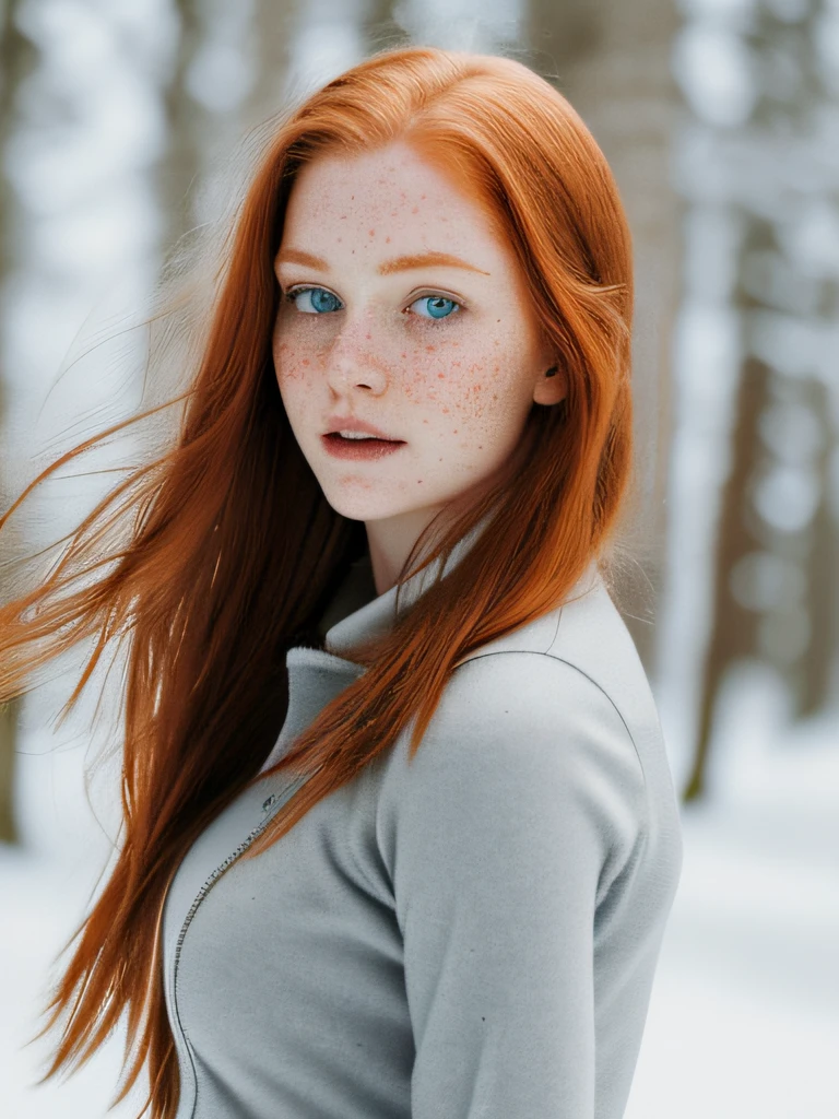 (1girl in, age22, Solo, Aesthetic artwork, irish redhead, straight ginger hair, shoulder length ginger hair, light grey eyes, some small freckles, pale skin, A-cup, small breasts, runners body, (textured skin, skin pores:1.1), (moles:0.8), imperfect skin, goosebumps, wearing carbon black winterjacket, wearing creme white leggings, empty trees, early winter, snow, blury background, (action shot, walking, 1.25), (extremely detailed 8k wallpaper), (hard lighting), high quality, film grain, Fujifilm XT3 sharp focus, f 5.6, 50mm, High Detail, Sharp focus, (natural light), crazy details, complex details, hyperdetailed