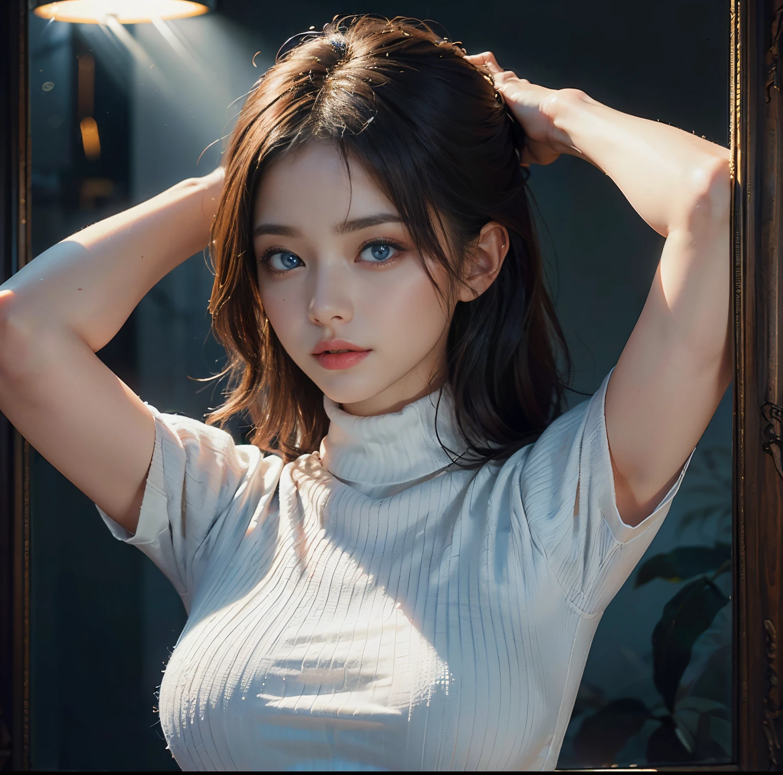 top-quality, 8K picture quality, ​masterpiece, (Professional lighting without shadows), (Two women in love), (Perfect body and firm big breasts:1.3), Bright whitening skin, (Bright and beautiful blue eyes with plump red tear bags reflect a lot of light.:1.2)、 (She is wearing a pale turtleneck micro mini dress), (No skin is exposed on the upper body except for the arms.:1.4), (Turn to me,Show off your big breasts from the front over your clothes:1.2),　(Frame-in from the knee up:1.3), (Standing like a model), (The exposed skin is covered with see-through fabric)