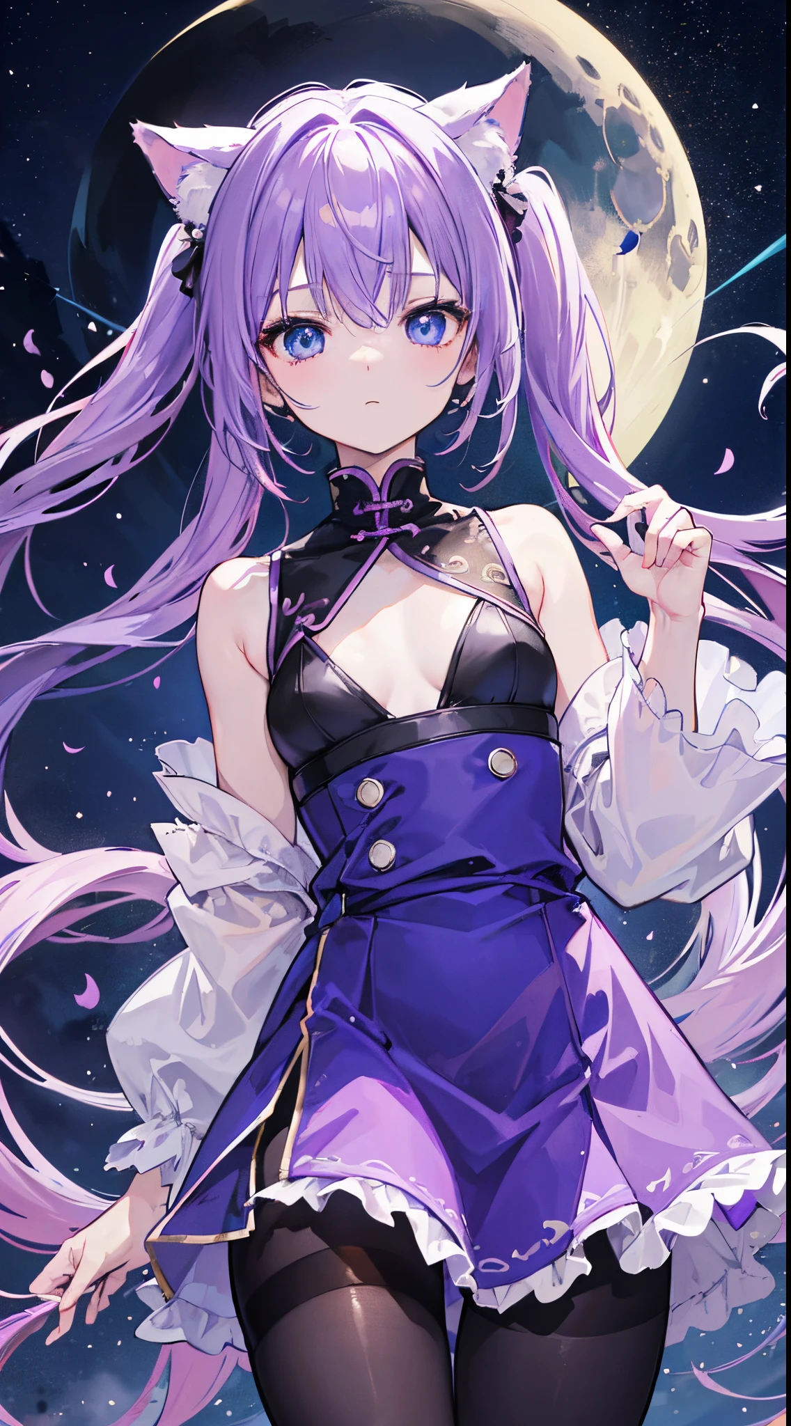 (8K、Top image quality、top-quality、masterpiece)、A detailed face、1 loli、Light purple hair、(high twintails)、Cat's ears、Blue eyes、deadpan、Smaller chest、purple tight chinese clothes、sleeveless、((side slit))、((black pantyhose))、Taken from below、Downtown background at night