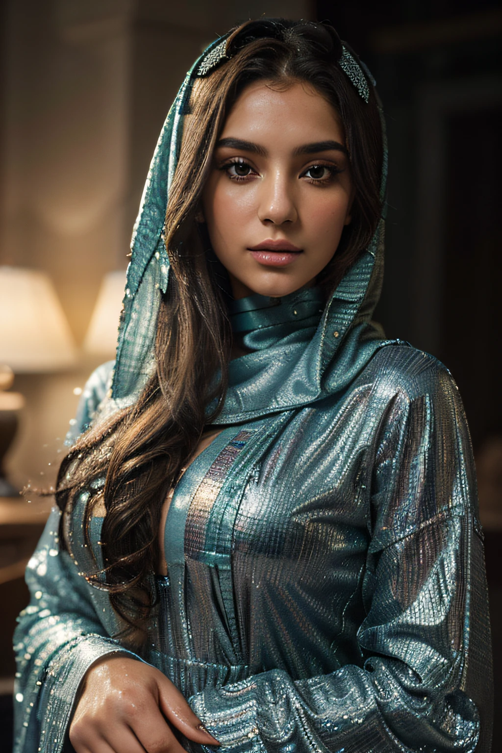 Photo of 25 year old Arabian woman, ((wearing modest Arabian dress covering her whole body )). Dress modestly, RAW, beautiful woman, (black blond hair with extra long wavy), amzing hair ,yelloreen eyes, ((portrait)), (Detailed face: 1.2)), (Detailed facial featureine skin), pale skin, normal lips colour, perfect face, beautiful face, high detail, slim body, (cold color), wet, moist, reflection, (masterpiece) ( Perfect proportions) (realistic photos) (highest quality) (detail) shot with Canon EOS R5, 50mm lens, f/2.8, HDR, (8k) (wallpaper) (movie lighting) (dramatic lighting) (sharp focus) (complex) fashion, full body shot.