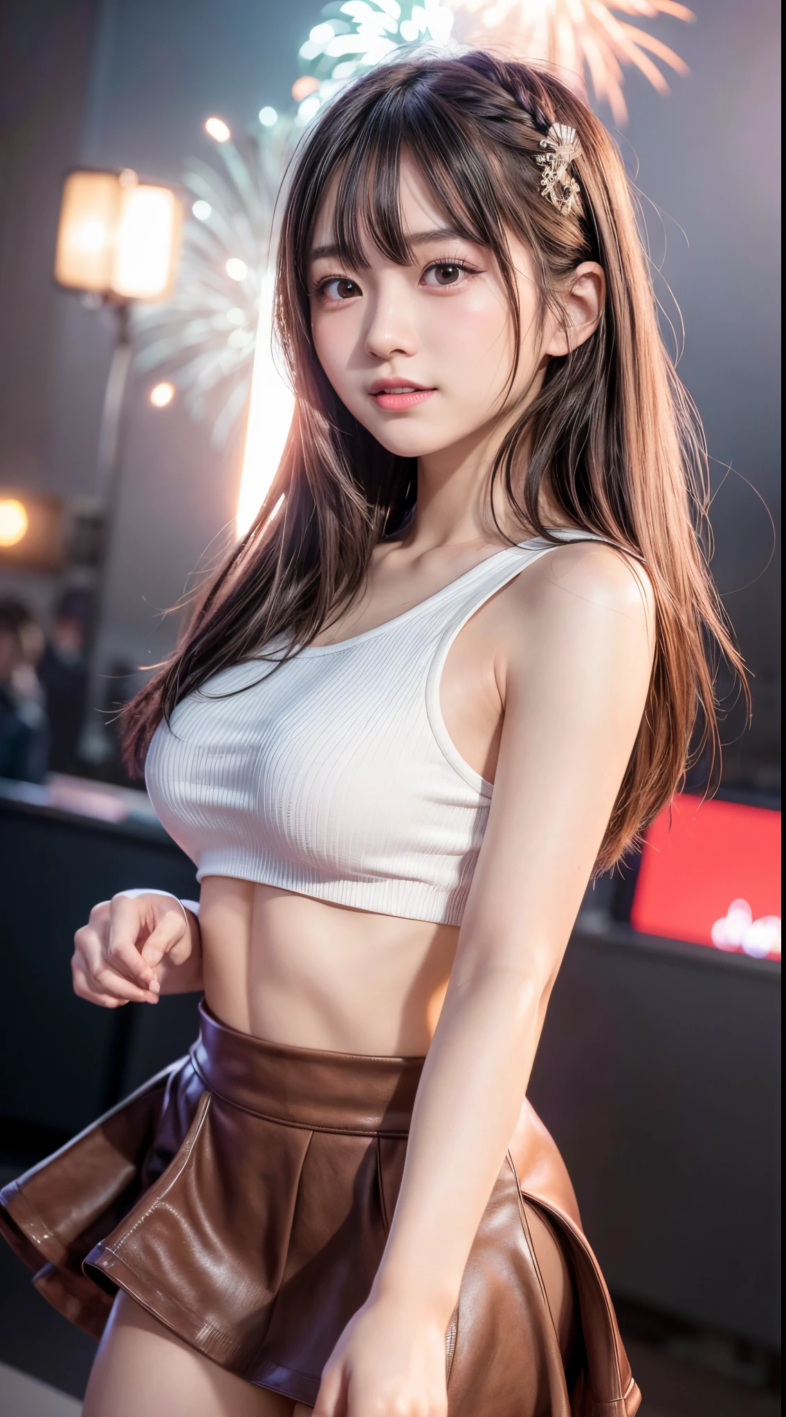 masterpiece, best quality, ultra detailed, 8K, 16K, absurdres, a girl, smiling, dancing, looking at viewer, looking ahead, long hair, medium hair, brown hair, droopy eyes, detailed skin, shiny skin, detailed face, glamorous, voluptuous, beautiful breasts, mini skirt, t-shirt, idol, delicate facial features, japanese idol, 20-year-old, japanese, at concert, with fireworks, ultra realistic photo, photorealistic, raw photo, cowboy shot, front view, dynamic angle, sharpen, stage lights, depth of field