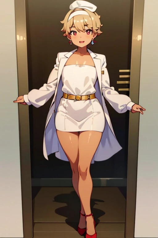 tmasterpiece，The lump got smaller，1 boy,Short hair boy hairstyle，high-heels，Show a fuller figure，beautiful make up，Bright lipstick，Impeccably clean，The expression  very happy，flatchest，Good picture quality，（bronze skin:1.3)，(((oilly skin)))，big earringsembey，Proselyte，Nun dress，