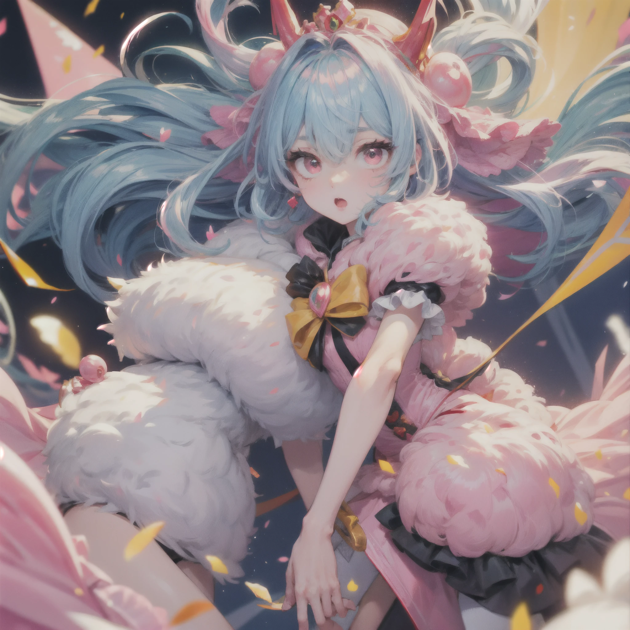 Pink Princess, (Pink-Blue hair), ((big hair)), double eyelid, ((skinny body)), cute expression, perfect skin, (fluffy), pink eyes, (cute clothing),