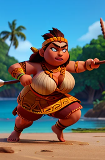 Illustration of a stylized cartoon character of a single large-bodied woman pouncing with a spear, He wears a large eye mask with thin slits over his eyes., hair tied on top of head,Maori ornaments, Features of Samoa, polynesian god, Brown body, brown costume,maori art, Ancient images of tribes, Features of Samoa