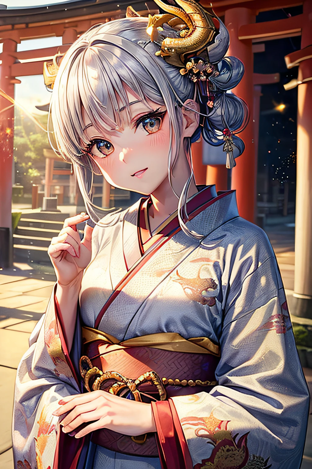 ((worst quality, low-quality)), ((girl with)), Solo, (a closeup:1.3), (facefocus,:1.4), ((half updo, Silver hair)), clear eyes and plump, Glossy lips, Gold eyes):1.2), Spoken Heart, (perfect hand:1.3), (traditional Japanese clothing:1.2), (wearing a kimono with a dragon pattern, Dragon embroidery, Dragon pattern:1.3), embarrassed, Standing, Looking at Viewer, Head tilt,  (light Particle, the morning sun, llight rays:1.4), (( Japanese torii gate background)), high-angle shot, masutepiece, Best Quality, ultra-detailliert,