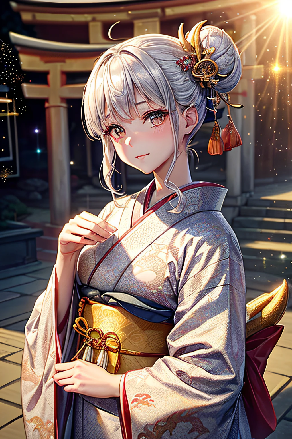 ((worst quality, low-quality)), ((girl with)), Solo, (a closeup:1.3), (facefocus,:1.4), ((half updo, Silver hair)), clear eyes and plump, Glossy lips, Gold eyes):1.2), Spoken Heart, (perfect hand:1.3), (traditional Japanese clothing:1.2), (wearing a kimono with a dragon pattern, Dragon embroidery, Dragon pattern:1.3), embarrassed, Standing, Looking at Viewer, Head tilt,  (light Particle, the morning sun, llight rays:1.4), (( Japanese torii gate background)), high-angle shot, masutepiece, Best Quality, ultra-detailliert,