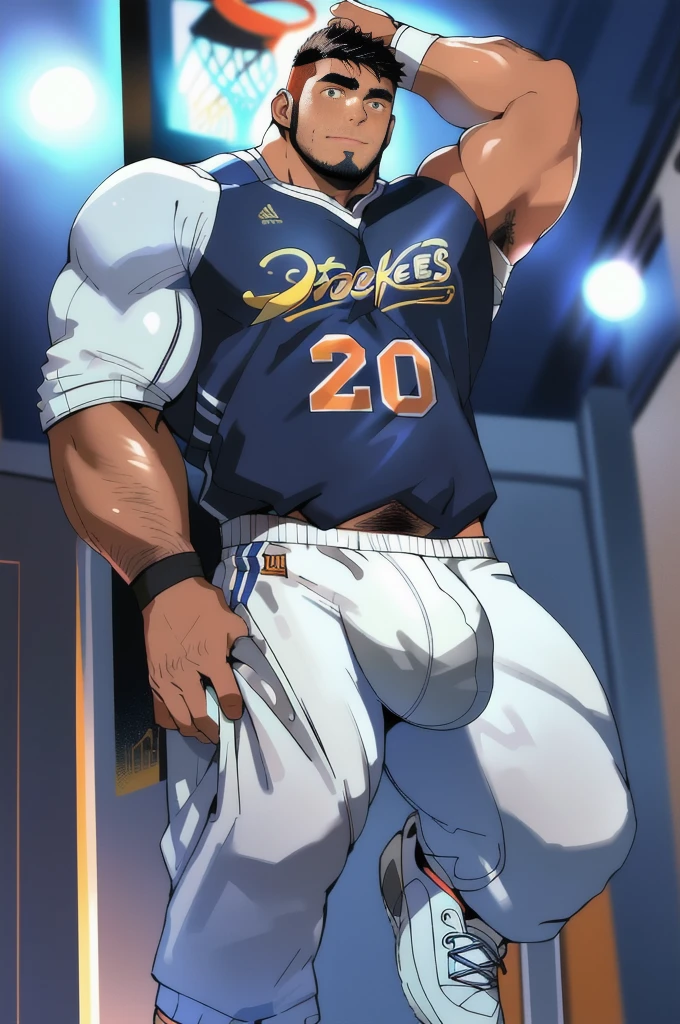 Best quality, masterpiece, ultra high res,detailed background,realistic,illustration,from below,full body,solo,(((1boy))),muscular male,beard,sneakers,basketball,muscular,facial hair,volumetric lighting,depth of field,(bara stocky:1.6),((slam dunk uniform)),