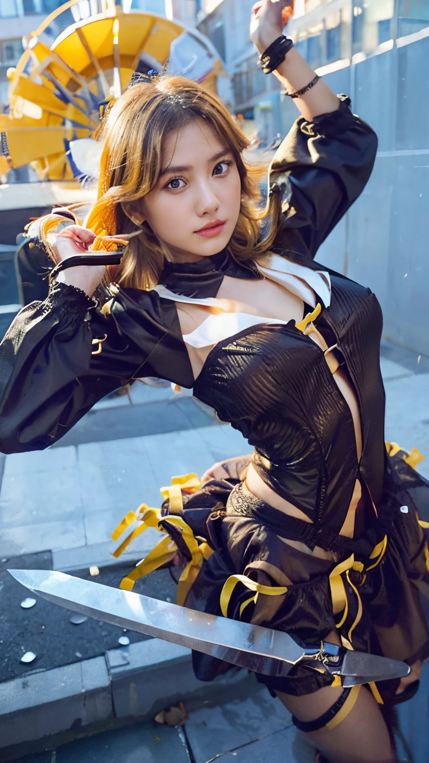 (High resolution, sharp, fractal), high detailed, character design, anime character, game character, 1 female, up from thigh, knee up, dynamic pose, fighting pose, action pose, Super Glowing Skin, Magical girl, Age 25, (((intricate detailed leotard))), ((frill Mini skirt frill)), sagging massive breast, yellow line and metallic black costume, (camel toe),Cyclone spinning,