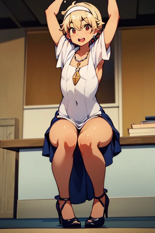 Proselyte，creampie，tmasterpiece，The lump got smaller，1 boy,Short hair boy hairstyle，high-heels，Show a fuller figure，beautiful make up，Bright lipstick，Impeccably clean，The expression  very happy，flatchest，Good picture quality，（bronze skin:1.3)，(((oilly skin)))，Big earrings senbei，Reformers，Nun dress