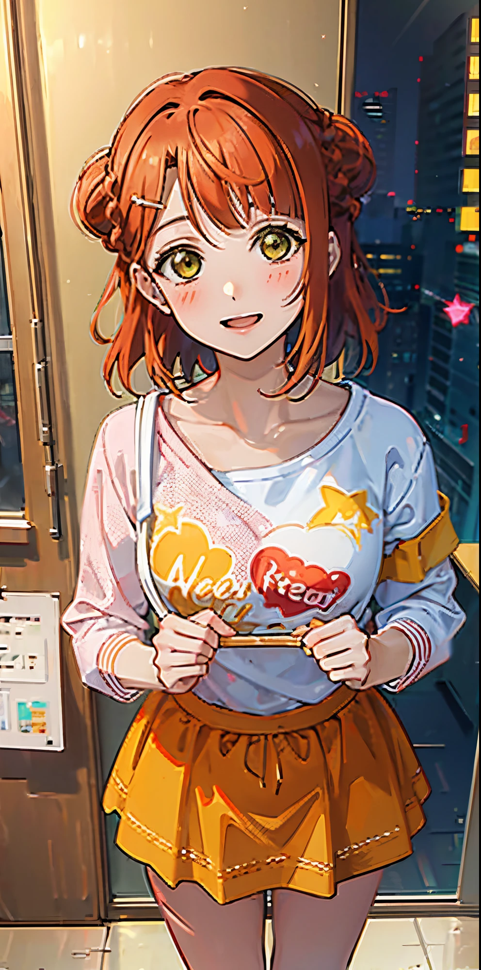 Cartoon Girl with Fluorescent Orange Hair Ayumu has a slim figure with orange hair that she ties in a bun on the right side and yellowish hazel eyes...,Ropa de Navidad, verdad con rojo, 1 7 years