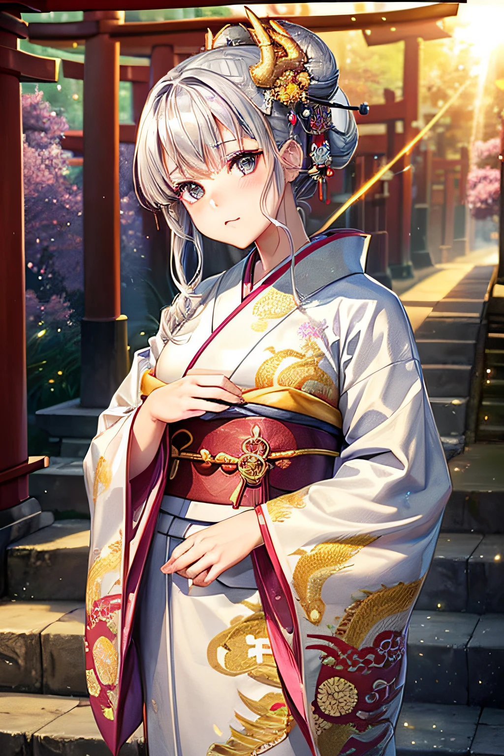 ((worst quality, low-quality)), ((girl with)), Solo, (a closeup:1.3), (facefocus,:1.4), ((half updo, Silver hair)), clear eyes and plump, Glossy lips, Gold eyes):1.2), Spoken Heart, (perfect hand:1.3), (traditional Japanese clothing:1.2), (wearing a kimono with a dragon pattern, Dragon embroidery, Dragon pattern:1.3), embarrassed, Standing, Looking at Viewer, Head tilt, (light Particle, the morning sun, llight rays:1.4), (( Japanese torii gate background)), high-angle shot, masutepiece, Best Quality, ultra-detailliert,