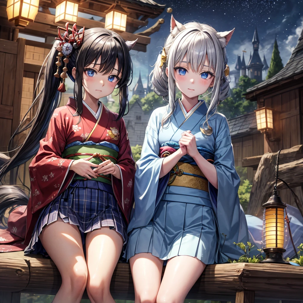 Blue-black hair、poneyTail、blue eyess、one good looking girl、独奏、animesque、Plaid miniskirt、wetting hair、kimono、rotting wood、crescent、monster castle、lantern、Meteor swarm、gunpowder、starrysky