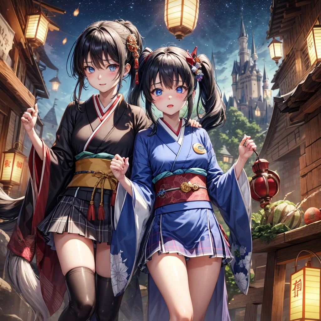Blue-black hair、poneyTail、blue eyess、one good looking girl、独奏、animesque、Plaid miniskirt、wetting hair、kimono、rotting wood、crescent、monster castle、lantern、Meteor swarm、gunpowder、starrysky