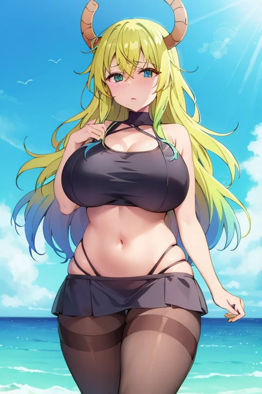 Anime - style image of a woman wearing a bikini and horns, small curvy , Chic, Seductive Anime Girl, with a big chest, Big breasts!, Big breasts!!, sie boob, with large breasts, oppai, anime goddess, pixiv 3dcg, SFW Nana huge breasts, [ 4 k digital art ]!!, Chest covered、SFW