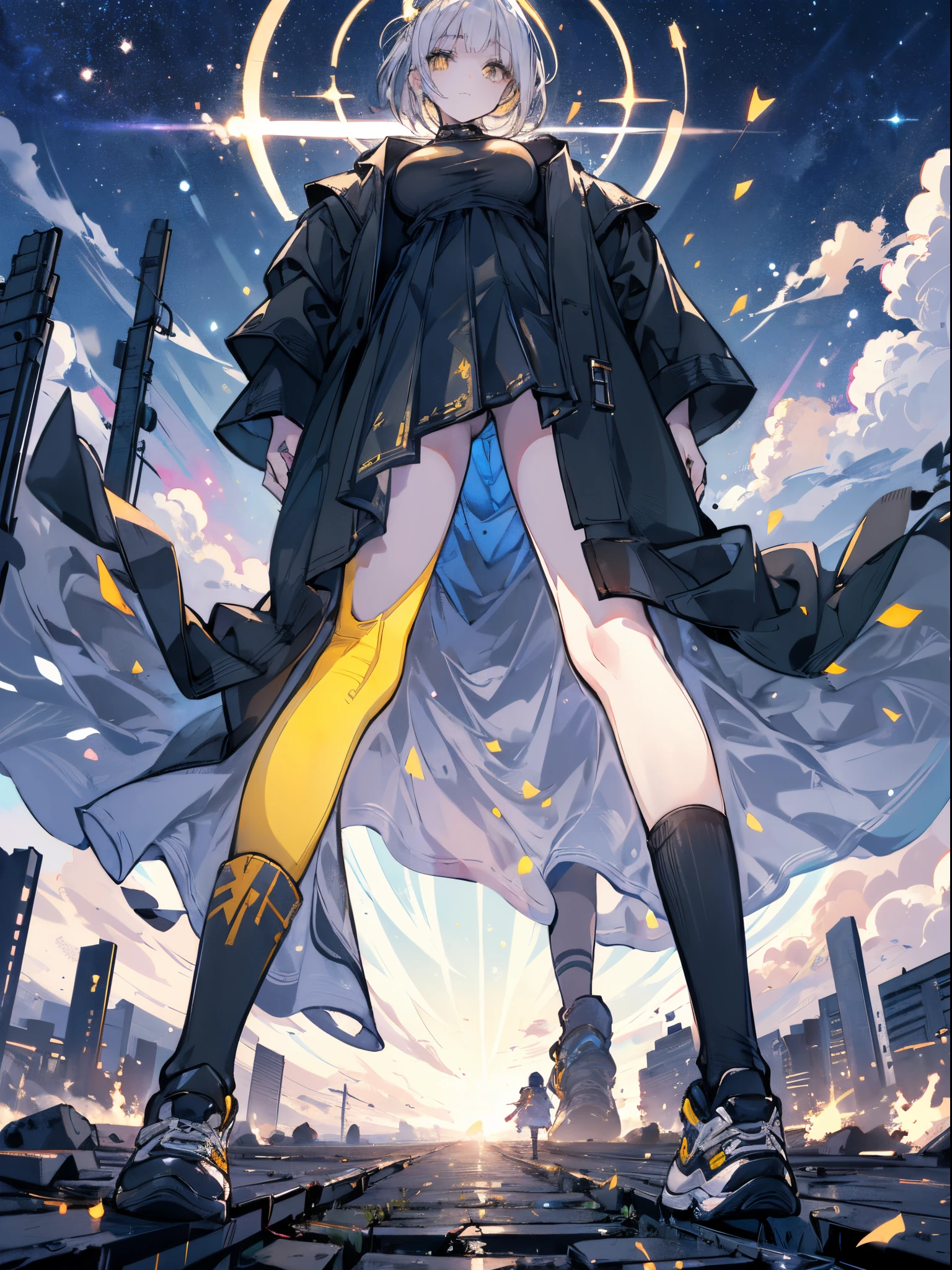 A girl with her hands in her jacket pocket, Short bob hair, long sideburns, (((A big yellow halo over her head))), White eyes, star lips, hip-hop black jaquet, black leggins, white high-top sneakers , walking down dark street, full body, thick legs, small breasts, big booty, {extremely detailed 16k CG unit wallpaper}, expansive landscape photography, (a view from below with focus on the character and the setting), (wide open field view), (low angle shot), (high light: 1.2), (low light: 1.5), (warm light source: 1.2), complex details, (iridescent colors: 1.2), (illumination bright), (atmospheric lighting), dreamy, unique,
