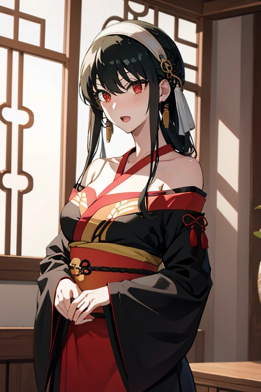masutepiece, Yor, 1girl in, Solo, Looking at Viewer, Open mouth, Black hair, Red Eyes, Dress, Bare shoulders, Jewelry, 鎖骨, side locks, shairband, earrings, Indoors, black kimono,Furisode,kimono,a miniskirt,arms behind back, plant, Long Straight,white hairband,