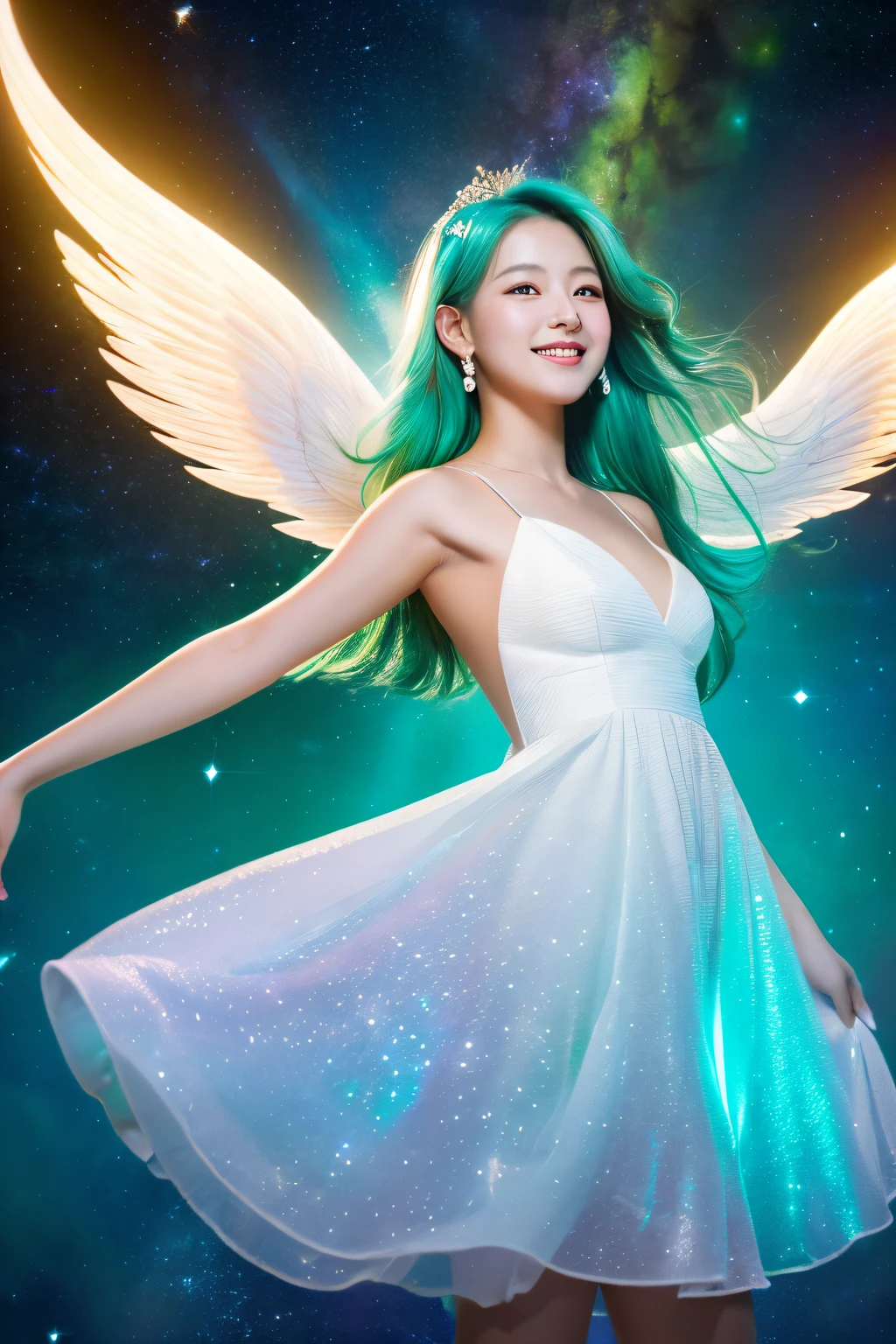 Ultra high-definition images,femele, Teal Hair,Unparalleled beauty details,  Smile, Angel wings, Golden halo, White Dress, erect through, In outer space, Milky Way in the background, Distant stars, Upper body、
