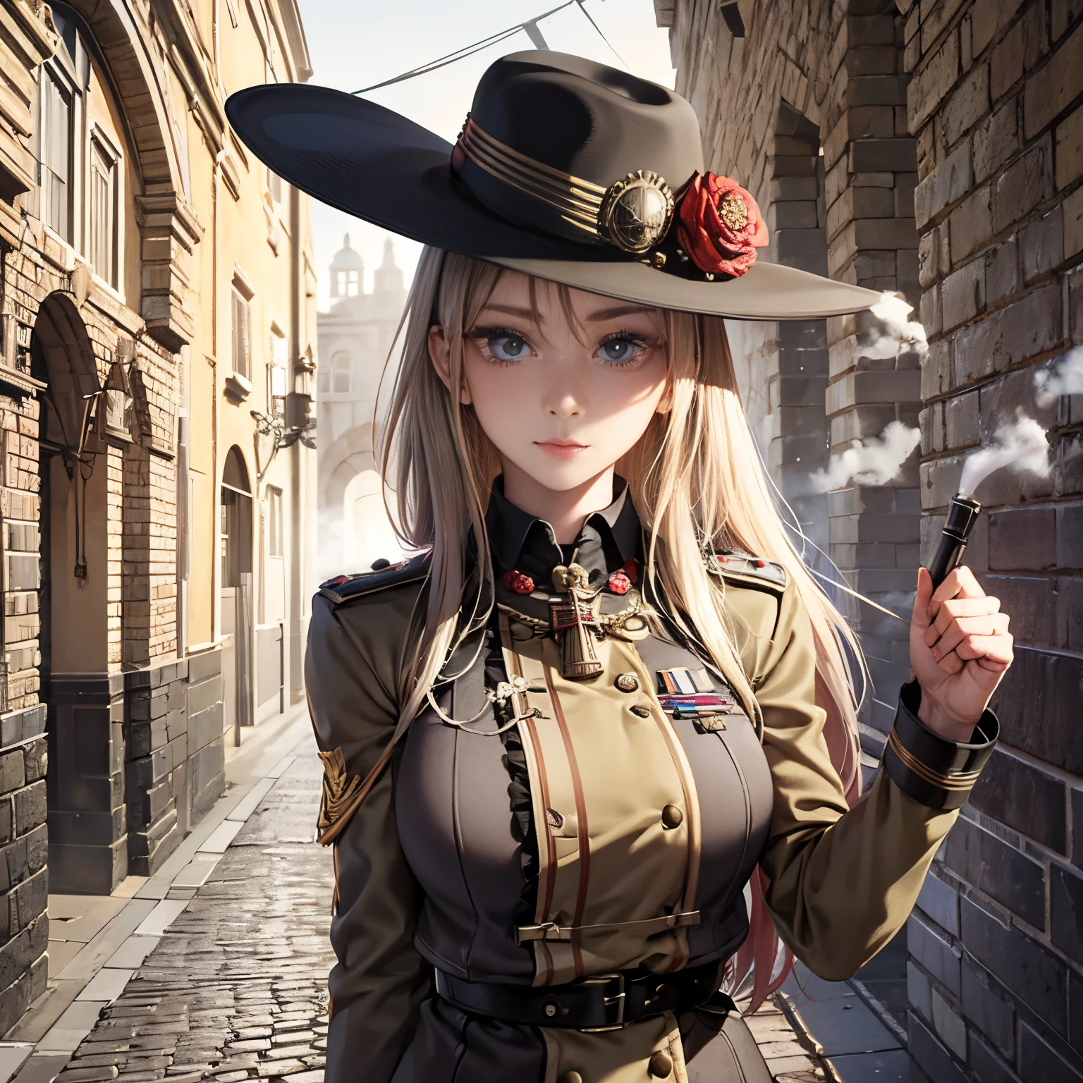 En un mundo dieselpunk. A very pretty young soldier in the British army, con un gran sombrero y un traje rojo con muchos botones y varias medallas. She carries a strange steam rifle. She doing patrol on a large cobblestone street with large buildings... La luz es algo pobre debido al exceso de humo.