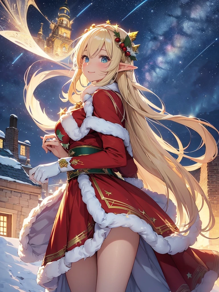 top-quality、Top image quality、​masterpiece、Elf dressed as Santa Claus((24 year old、Best Bust、big bast、Bust 90,beautiful blue long ironed hair、a blond、A slender、Santa Claus has a big white bag..、a closeup、hiquality、Beautiful Art、Background with((starrysky)))masutepiece、visualart、depth of fields、、Elven ears、、light magic、、、Happy smile、Gentle light、、Beautiful legs that are gentle on the skin、welcome、、Number of fingers to achieve precise finger movements、gloves、ticker beautiful body、Mystical、Red Santa Claus clothes、Christmas、Christmas🎄🎅ルネサンスアート、Winters、snowflakes falling、Western Town、On the roof、near the big chimney