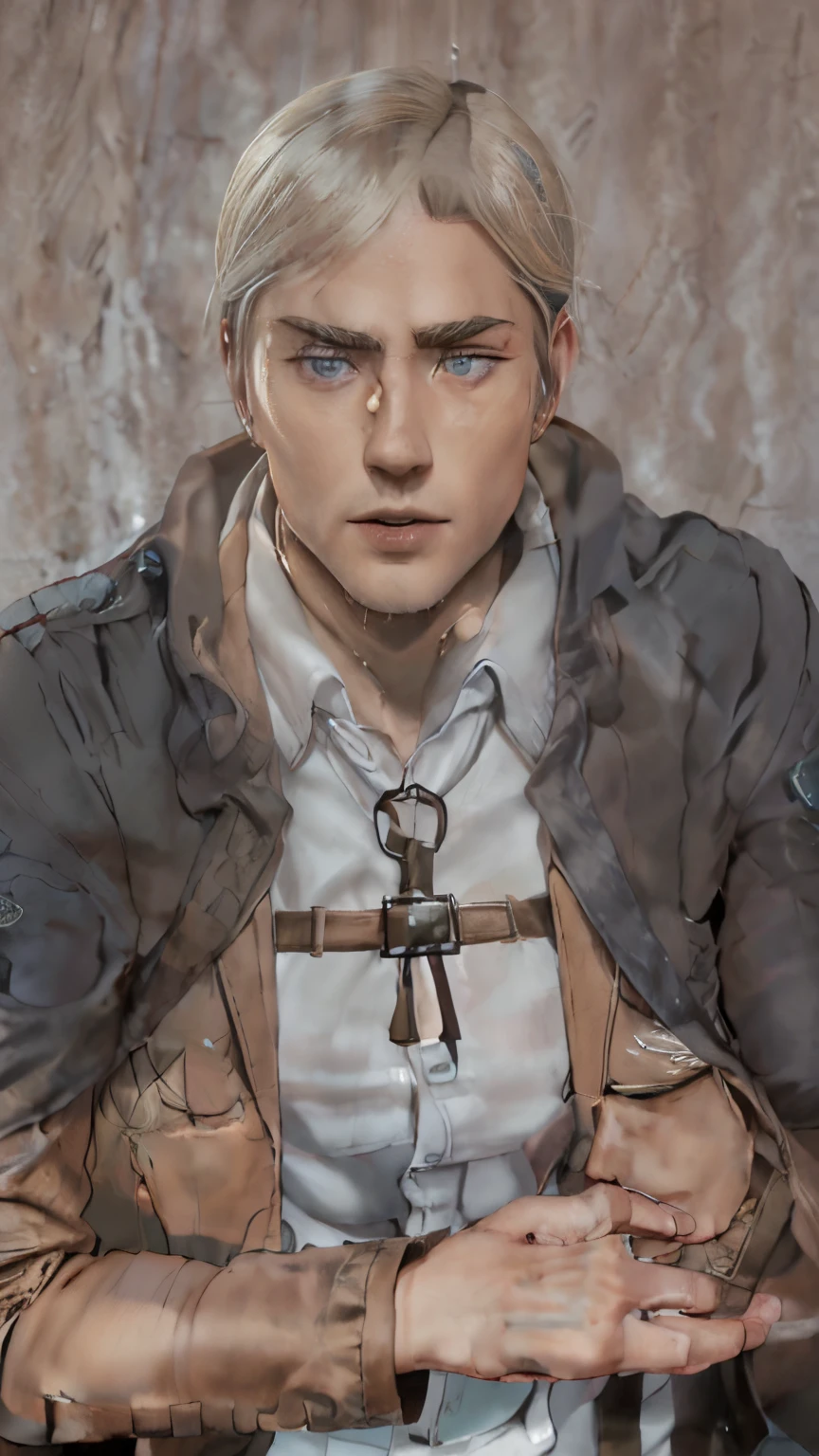 (masterpiece), (realistic), (ultra detailed), ( high reest quality), erwin smith from attack on titan, character with white hair and a brown jacket, wearing grey robe, portrait of erwin smith, from attack on titan, (attack on titans), handsome, inspired by Armin Hansen, male character, man, solo, detailed hair, detailed jacket, detailed face, detailed hair, detailed body