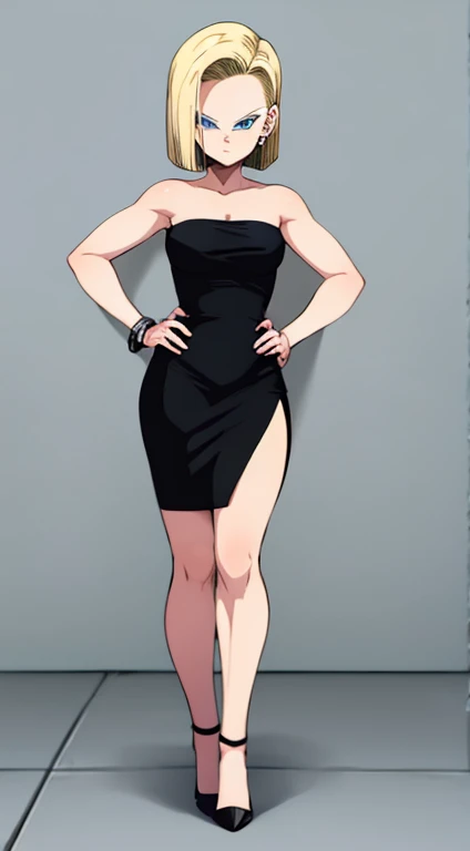 High quality, 4K Quality, masterpiece, Android 18, android 18, 1 girl, solo, blonde hair, skirt, blue eyes, wall background, full body, street background, short hair, hand on hip, bare shoulder, bare arms, black checker, jewelry, looking at viewer, standing, strapless, short black dress, black sweetheart dress, black pencil skirt, lovely legs, black high heels, seductive, closed mouth