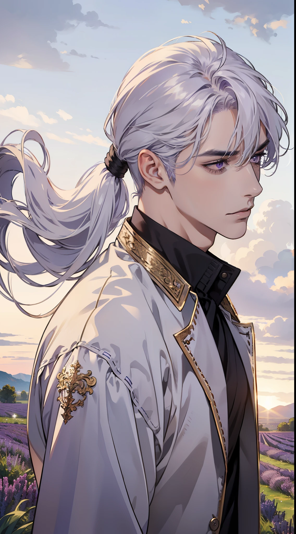 masterpiece, best quality, realistic, 1man, male focus, male model, tall muscular, handsome, closed mouth, clothes, portrait,extremely detailed face, low ponytail white hair, flying bangs, purple eyes, white background, background, SIDE VIEW, looking at the viewers, view from the back, lavender field, MALE ONLY, MALE