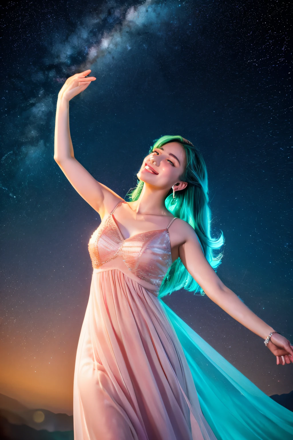 Ultra high-definition images,femele, Teal Hair,Unparalleled beauty details, Smile, Angel wings, Golden halo, pink dress, erect through, In outer space, Milky Way in the background, Distant stars, Upper body、Milky Way Shooting Star