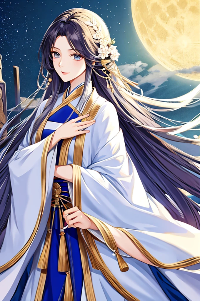 tmasterpiece，Best Picture Quality，male people，male people，white hanfu，cabelos preto e longos，long, floated hair，Wide-sleeved robe，ancient wind，Solid color clothes，The clothes do not have any patterns，Smilingly，gentlesoftlighting，water ink，Behind it  the full moon，