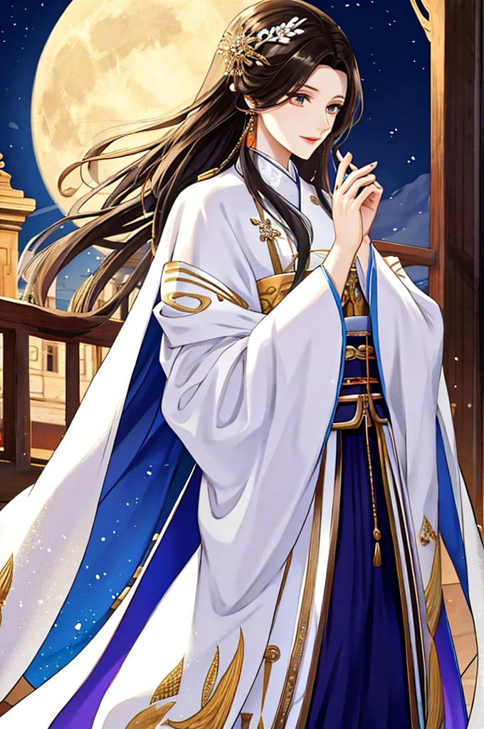 tmasterpiece,Best Picture Quality,male people,male people,white hanfu,cabelos preto e longos,long, floated hair,Wide-sleeved robe,ancient wind,Solid color clothes,The clothes do not have any patterns,Smilingly,gentlesoftlighting,water ink,Behind it the full moon,