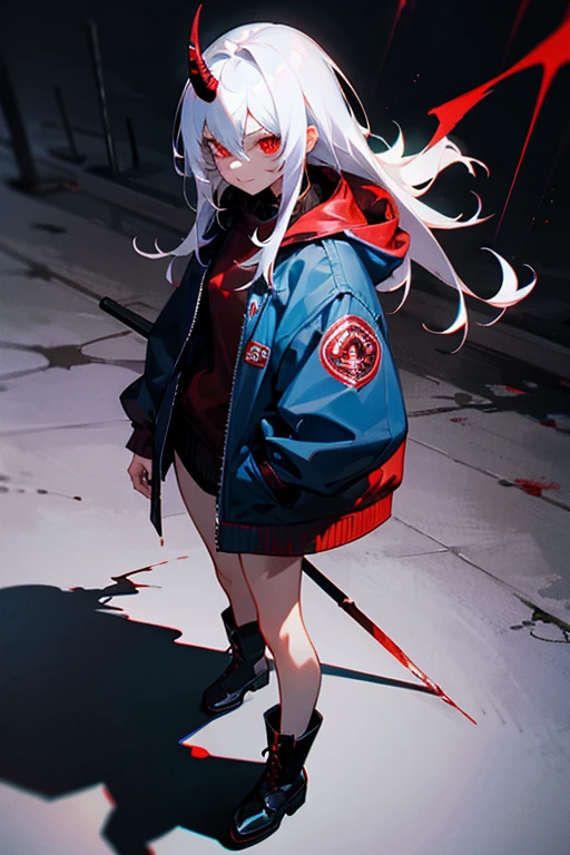 (red eye),best body proportion,hair between eyes,white hair,looking at viewer, scary girl, dark blue jacket,(Best Shadows), Standing ,(Highest Quality, Amazing Detail), (Solo:1), boots, black tight ,dinamic pose ,highly detailed,top quality,masterpiece, detailed eye,some acceccories, supernatural power ,blood all over the place, scary smile, scary background,masutepiece, hightquality, High resolution, 8K, Best Quality, 1girl in, Demon Slaying, Tomboy, Cool, blood splashing, lightning eyes,solitude,Cool,parka,Fashionable,Clean your hands,holding knive,horn,glitching
