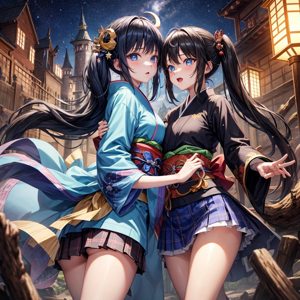 Blue-black hair、poneyTail、blue eyess、one good looking girl、独奏、animesque、Plaid miniskirt、wetting hair、kimono、rotting wood、crescent、monster castle、lantern、Meteor swarm、gunpowder、starrysky、Dancing