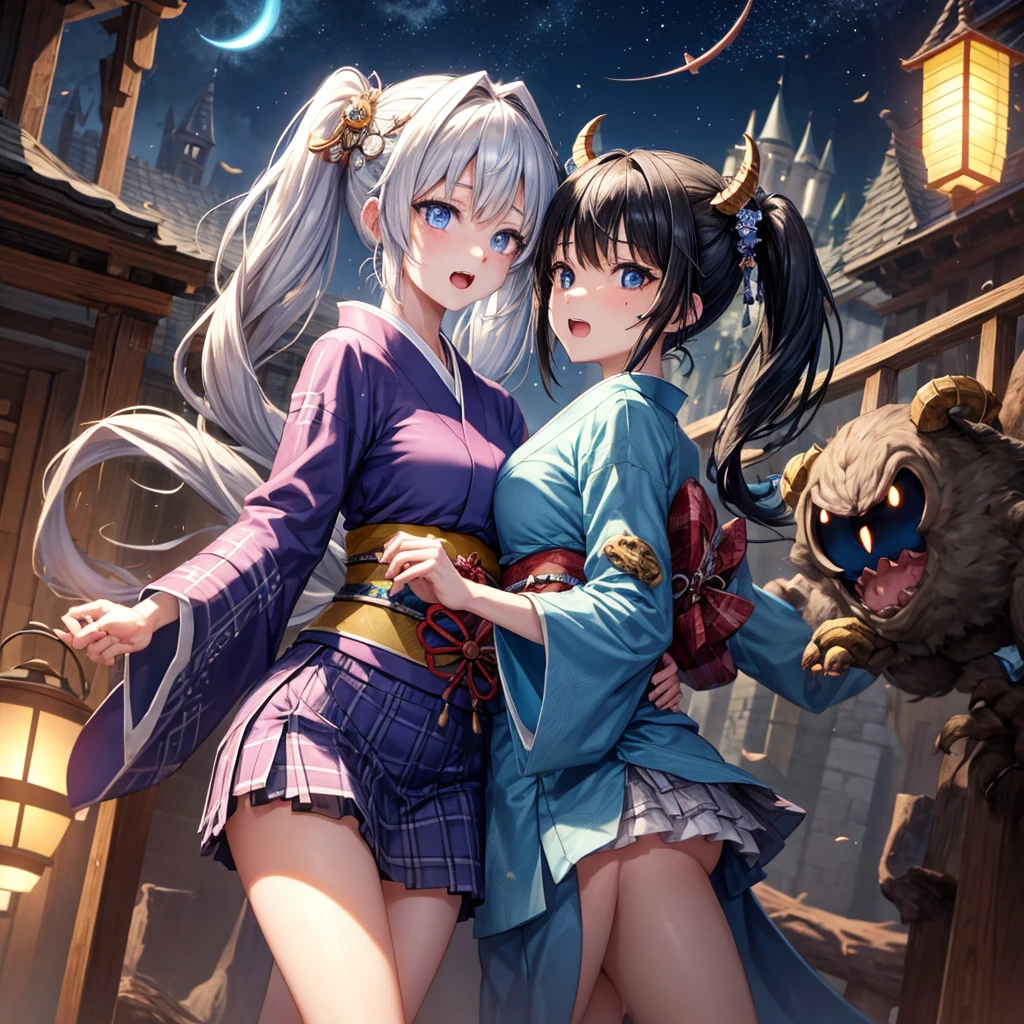 Blue-black hair、poneyTail、blue eyess、one good looking girl、独奏、animesque、Plaid miniskirt、wetting hair、kimono、rotting wood、crescent、monster castle、lantern、Meteor swarm、gunpowder、starrysky、Dancing