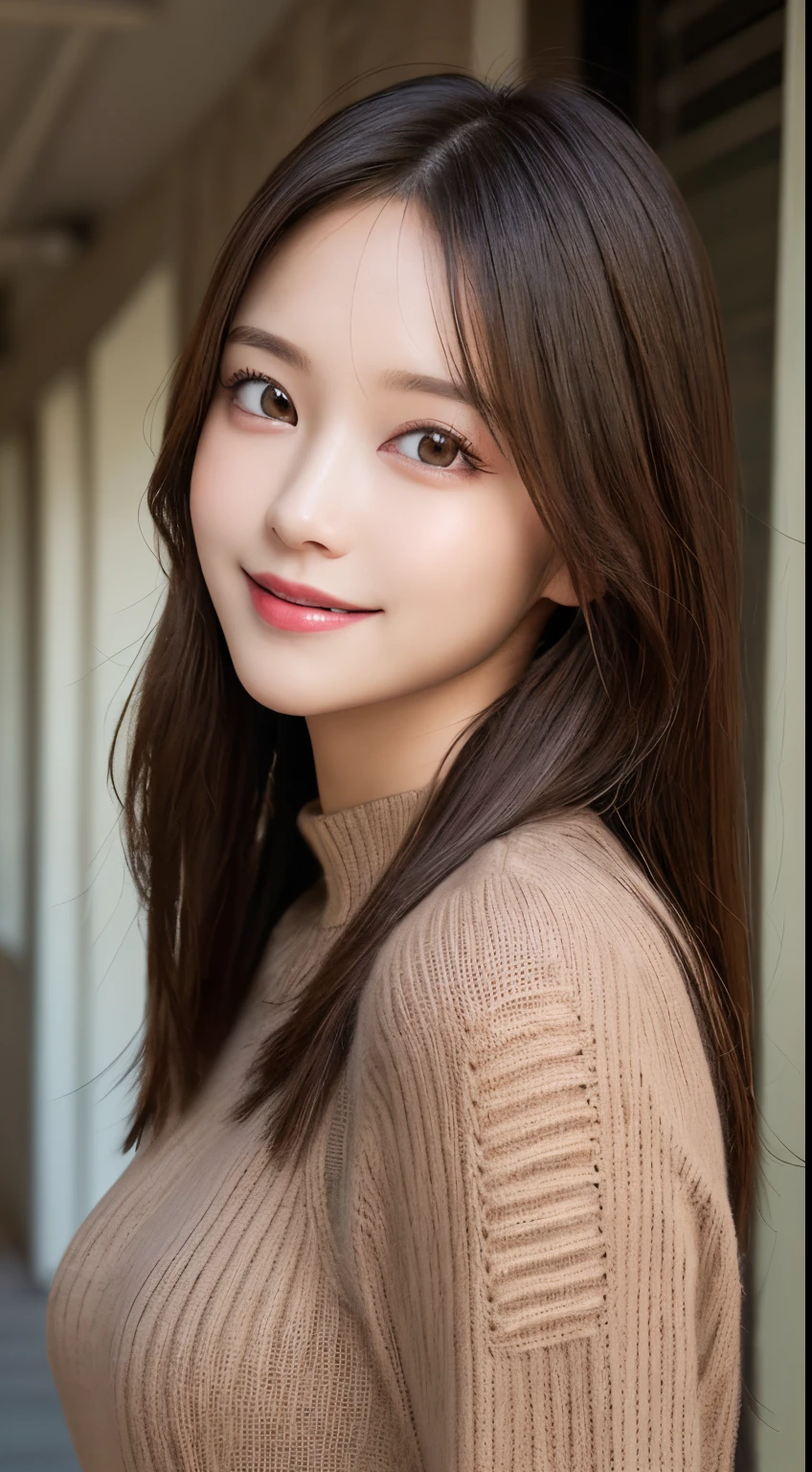 masutepiece, Best Quality, Illustration, Ultra-detailed, finely detail, hight resolution, 8K Wallpaper, Perfect dynamic composition, Beautiful detailed eyes, Brown long sleeve knit dress,Straight hair,Small natural color lip, Randomly sexy po,Smile、20 years girl、Cute、Sexy shot king at camera,Perfect and beautiful face