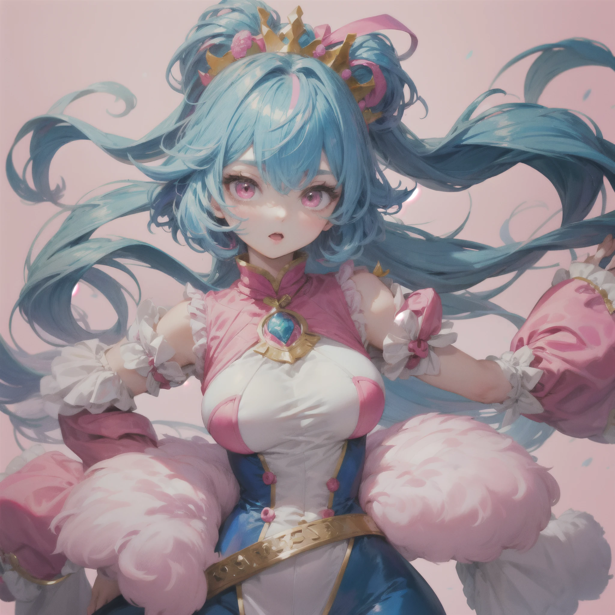 Pink Princess, (Pink-Blue hair), ((big hair)), double eyelid, ((skinny body)), cute expression, perfect skin, (fluffy), pink eyes, (cute clothing),