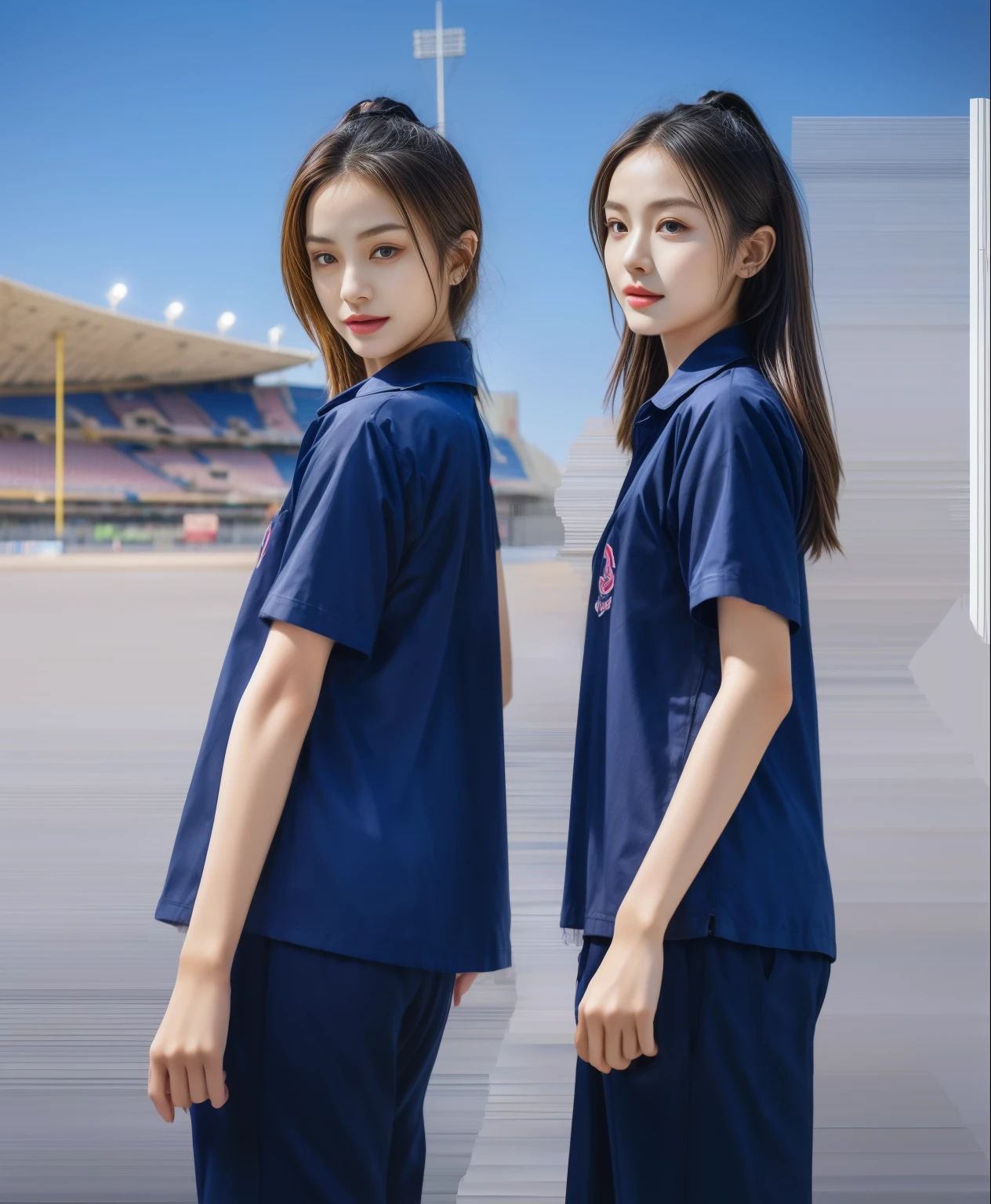 (bestquality,10,10,highres,masterpiece:1.2),ultra-detail,(Realistic,photorealistic portrait,photo-realistic:1.37),1 Cute girl in the football field,oily shiny skin,bara,light smile,BDclothelue shirt:1.3)),short sleeves,shirt, trousers.,(navy_long_Pants Track:1.1), ((Stadium Background:1.3)),dynamic angle,excited,face focus,Dynamic Poses,from behide,Ass Focus,masterpiece, bestquality, ultra realistic, hyper-detail, 8k resolution, RAW photo, crisp focus, ((Navy blue shirt:1.1)), short sleeves, Long Path, Perfect body, 2 mature women, 18yo, cinematic light,Blue sweatpants,Gymware,Correct anatomy,Complete body, Correct body, sharp face, Anatomically correct body, full entire body, Realistic gestures, long-haired, Realistic poses,Wear long shorts....................................,Long leg span,Shapely,Sculpting Girl, Slender Figure, mannequin mannequins, Shapely, Beautiful body,Blue sweatpants, Two girls kissing
