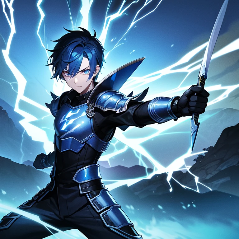 One Teenage male samurai with spiky blue hair and glowing blue eyes wearing dark blue armor holding a lightning bolt in his right hand looking in pain in a river with a violent lightning storm in the background