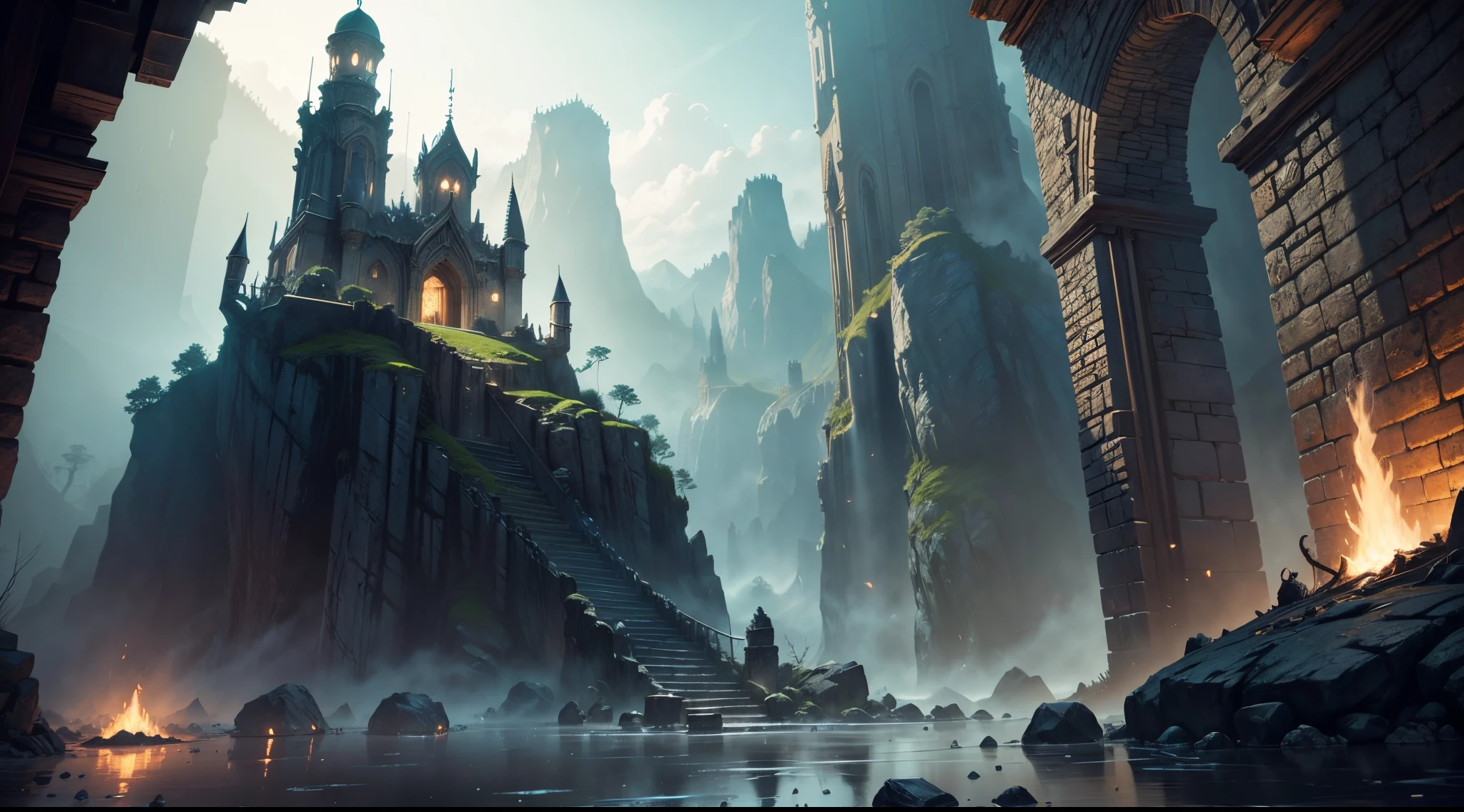 (by Greg Rutkowski: 1.2), A mesmerizing fantasy landscape with enchanting elements. ((labyrinthian dungeon from skyrim)). (masterpiece), ((best quality)), extremely delicate and beautiful, illustration, 8K post-production, high resolution, hyperdetailed, depth of field, HDR, intricate