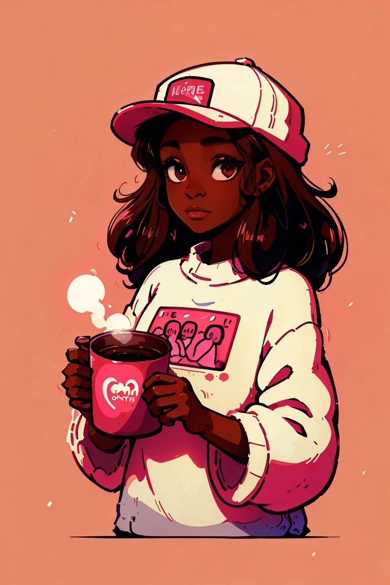 Dark skin pretty young woman in an oversized fuzzy fitted shirt, shy, holding a pink coffee mug, insanely detailed, 4K, 2D illustration, red hat, clearly detailed eyes, luminous brown eyes, muted pastels and vibrant brown and white