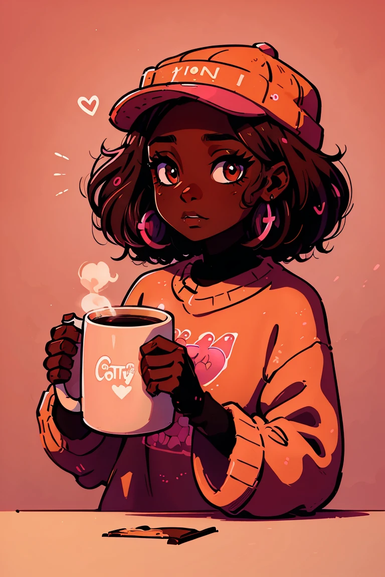 Dark skin young woman in an oversized fuzzy fitted shirt, shy, holding a pink coffee mug, insanely detailed, 4K, 2D illustration, red hat, clearly detailed eyes,  luminous brown eyes, muted pastels and vibrant brown