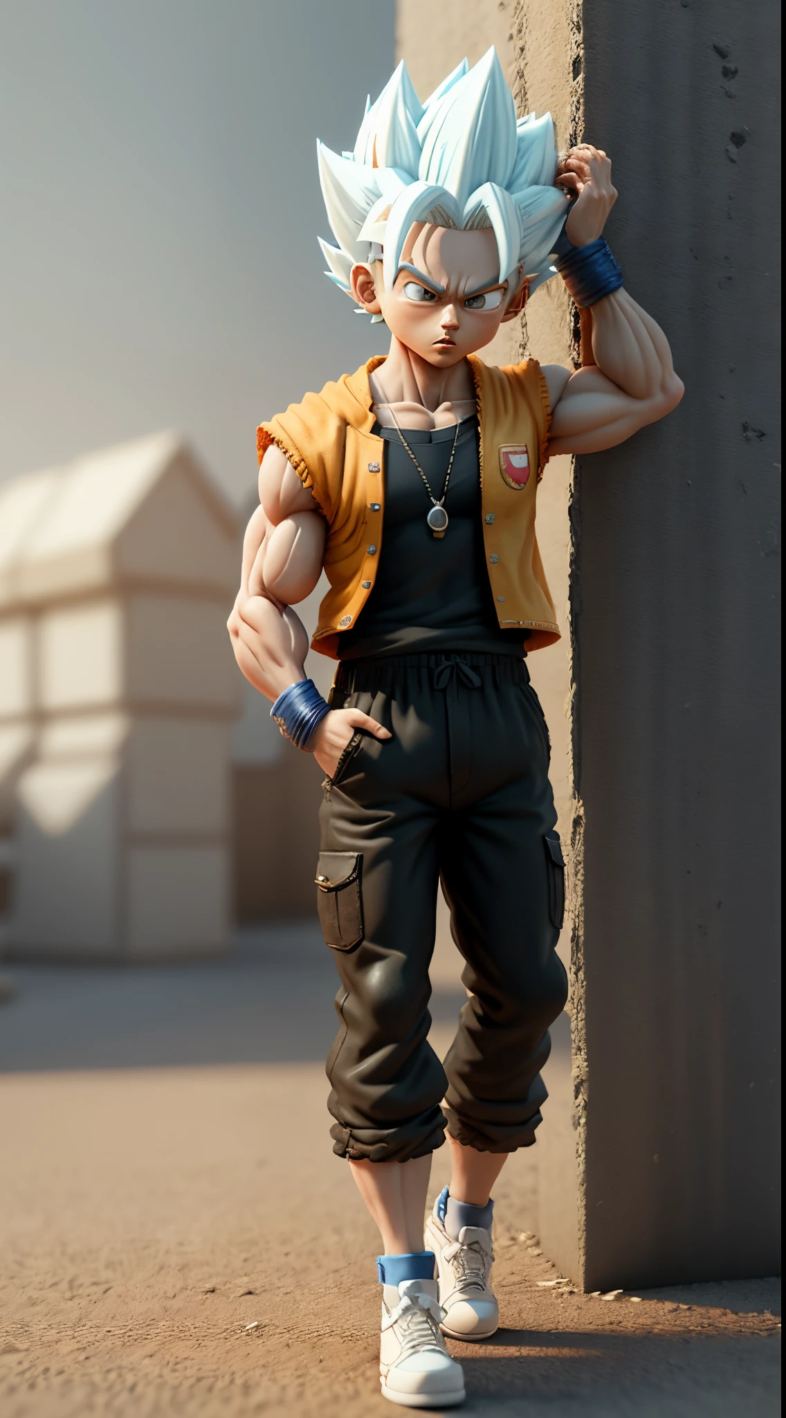 <lora:gogetaDragonBallGT_v10:0.05> (gogeta0.1), proportional eyes, (realistic:1.5), extremely detailed, hyper detailed, soft lighting, detailed background, extreme detail background, sharp details, beautiful face, symmetrical eyes, short red hair, short hair, yellow hair, green eyes, boy, high quality, (full body:1.3), smirk, vest, blue sash, white pants, wristband,