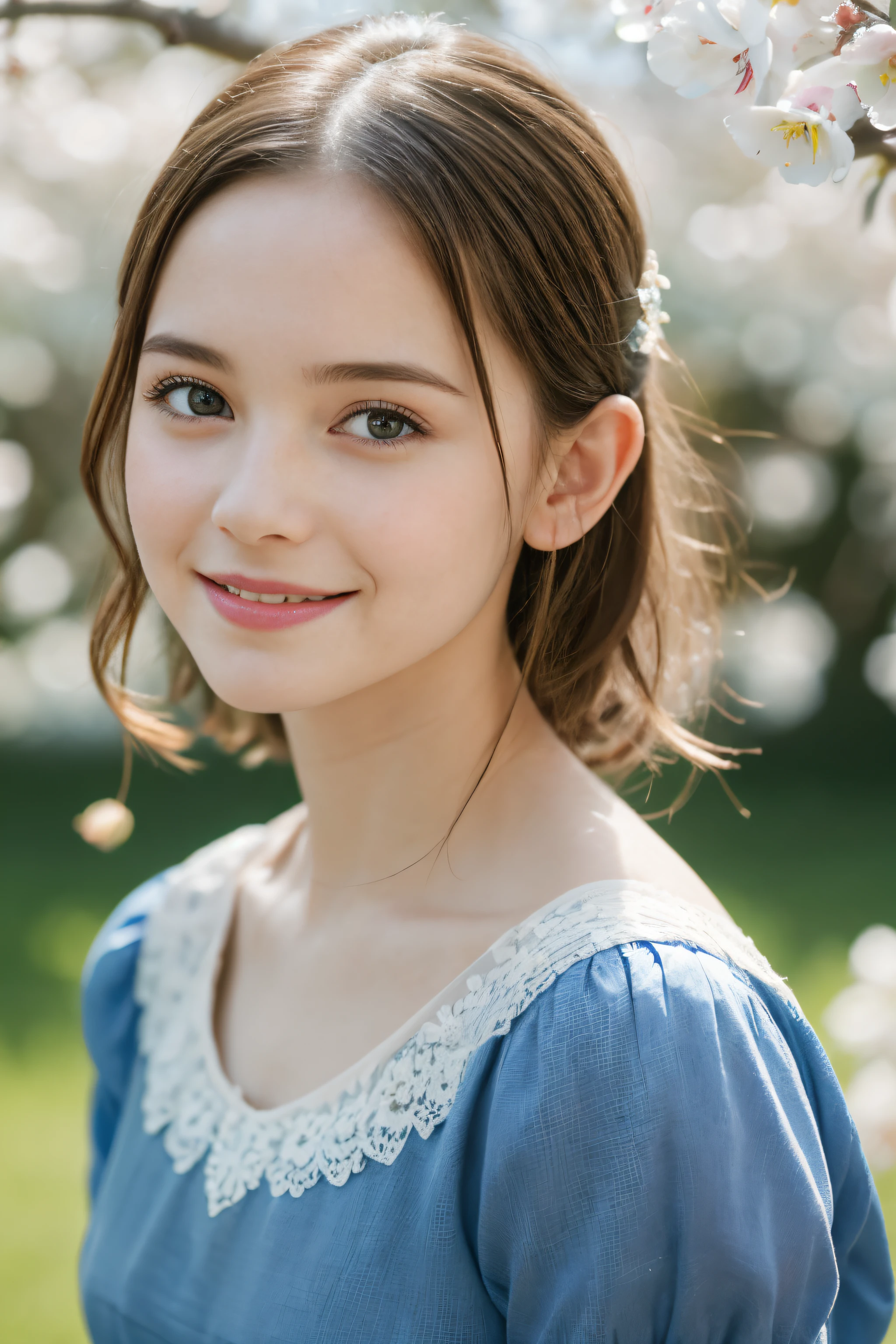 Masterpiece, Best quality, 8k, 18 ans, Photo brute, absurdes, Award-winning portrait, sourire, sourire, pure, french, simple vibrant pink dress, spring, orchard in bloom, laces, famous singer, cute, cherry lips, earrings