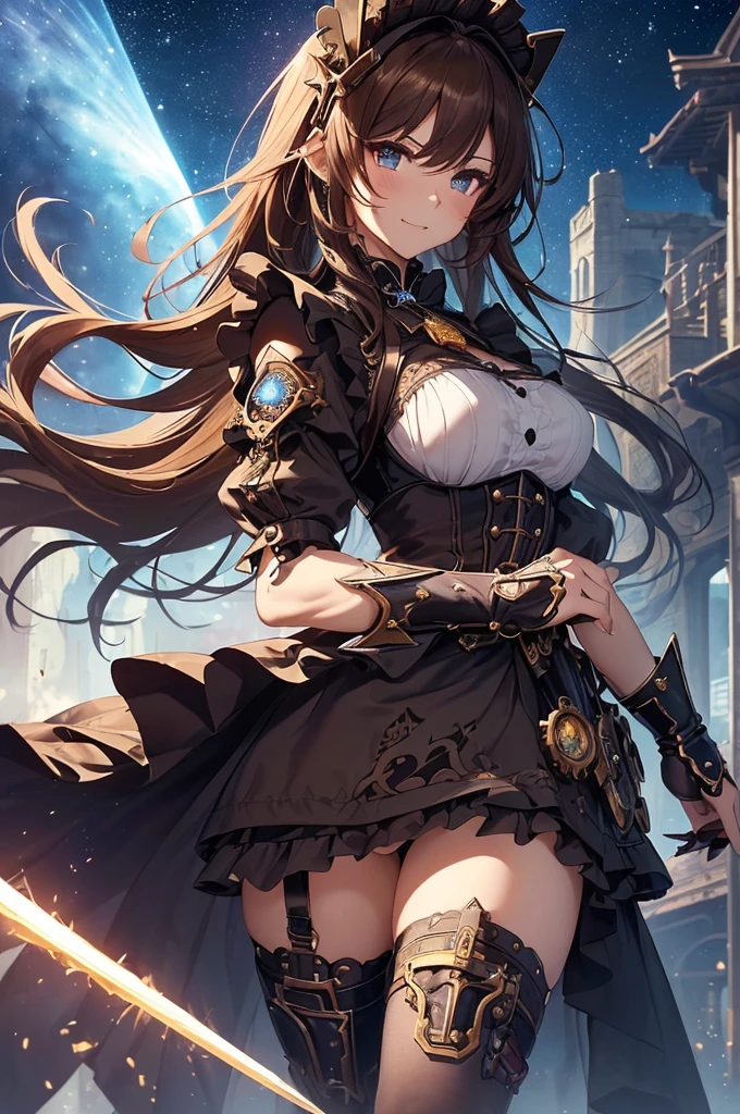 top-quality、Top image quality、masterpiece、Angle seen from the side、Beautiful Gothic girl((20yr old、Best Bust、big bast、Bust 90,long hair with beautiful blue eyebrows、A slender、a closeup、hold a steampunk sword、steampunk armor、Flying in the sky、glowing sword in hand、fly on big mechanical wings、cool jump、fight、Esbian、Gothic Maid costume、beautiful apron、hiquality、Beautiful Art、Background with((starrysky)))masutepiece、visualart、depth of fields、、、🎵、Happy smile、Gentle light、、Beautiful legs that are gentle on the skin、、Number of fingers to achieve precise finger movements、nffsw、nffsw、Lots of gears、、Artistically、、action scene、huge robot、Great angle、steampunk fantasy、Kime Pose!Lively atmosphere、Brown hair、Bob Hair、her clothes are torn and sexy、supreme power