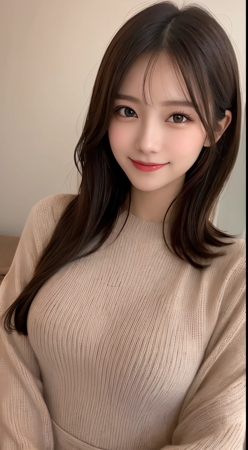 masutepiece, Best Quality, Illustration, Ultra-detailed, finely detail, hight resolution, 8K Wallpaper, Perfect dynamic composition, Beautiful detailed eyes, Mocha long sleeve knit dress,Straight hair,Small breasts natural color lip, Randomly sexy poses,Smile、20 years girl、Cute、Sexy shot looking at camera,Perfect and beautiful face