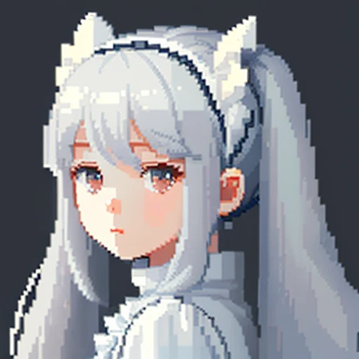 He was dressed in light clothes, Gothic white and pale light blue outfit、Girl with long gray hair、Look back and look at this.、Pixel art、Pixel Art Illustration、pixels、Plain background、Upper body、For icons、pixels_Art Book,Composition centered on the face、poneyTail、Ruffled headdress、pixels、Game-style illustration、Pixel art、pixels、without background、background has no color、pixels